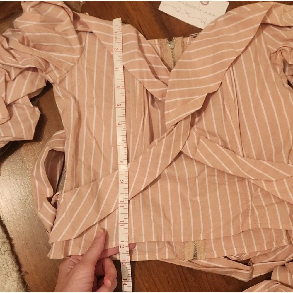 NWT ASTR The Label Blush & White Striped Off Shoulder Wrap Tie Puff Sleeve Top